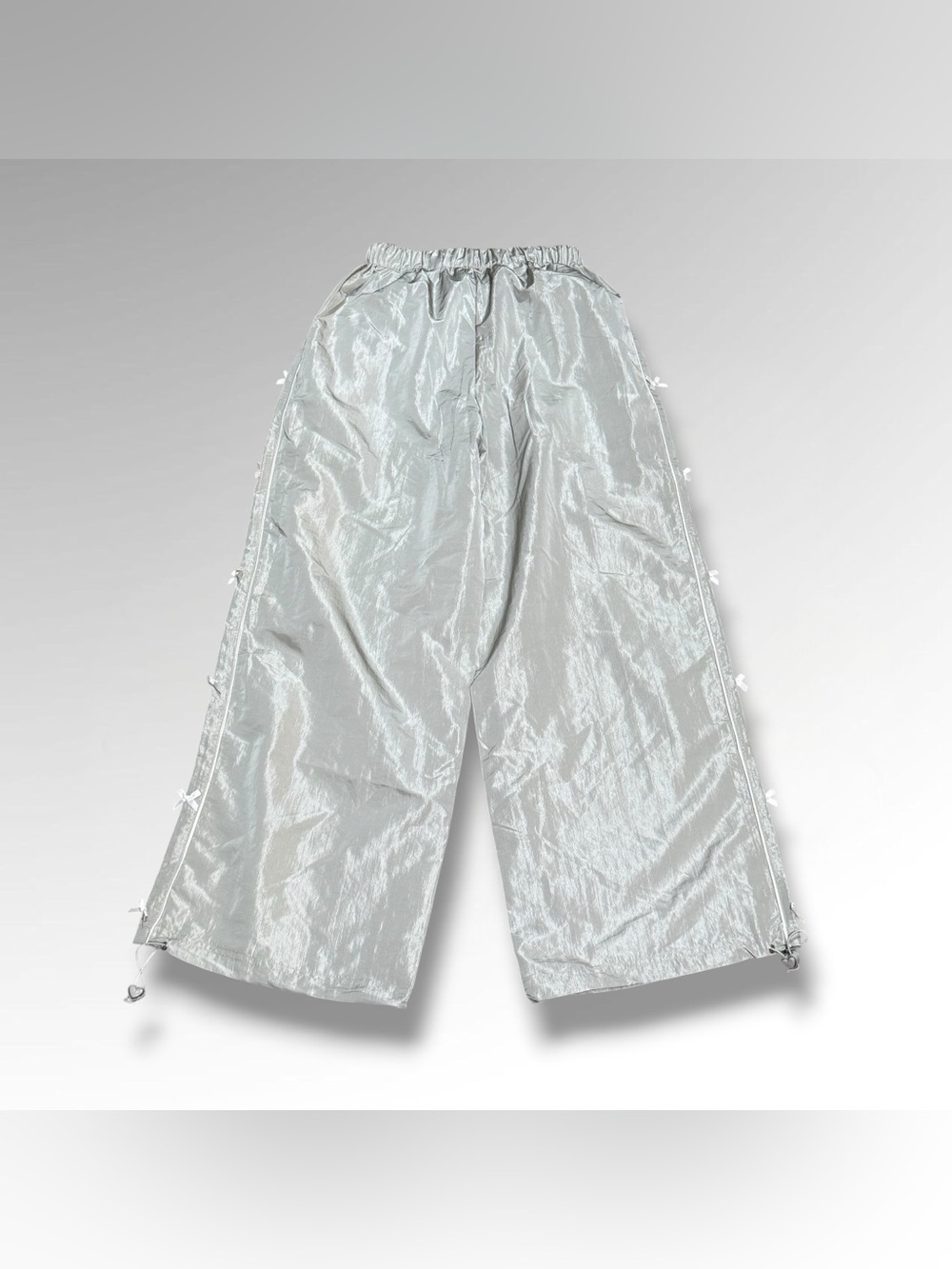 Silver Wide Leg Windbreaker Pants with Bows